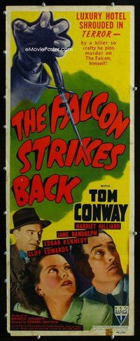 z123 FALCON STRIKES BACK insert movie poster '43 Tom Conway, Falcon