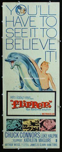 z133 FLIPPER insert movie poster '63 Connors, Luke Halpin, dolphin!