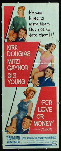 z137 FOR LOVE OR MONEY insert movie poster '63 Kirk Douglas, Gaynor