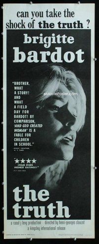 z396 TRUTH insert movie poster '61 Bardot, Clouzot, La Verite!