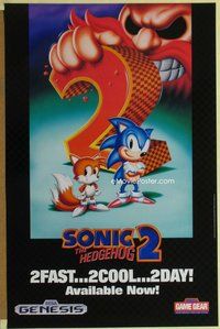 a158 SONIC THE HEDGEHOG 2 video game one-sheet poster '92 Sega Genesis!