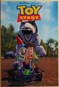 a174 TOY STORY int'l 1sh '95 Disney & Pixar, Buzz & Woody race away from dog!