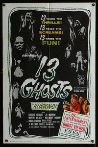b038 13 GHOSTS black style 1sh '60 William Castle, great art of all the spooks, ILLUSION-O!