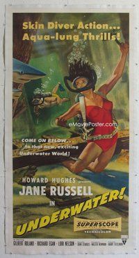 c001 UNDERWATER linen three-sheet movie poster '55 sexy scuba Jane Russell!