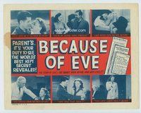 d032 BECAUSE OF EVE movie title lobby card '48 reveals the truth about sex!