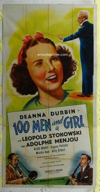 f008 100 MEN & A GIRL three-sheet movie poster R47 Deanna Durbin, Stokowski