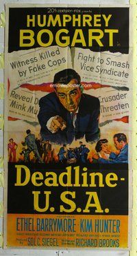 f061 DEADLINE-USA three-sheet movie poster '52 Humphrey Bogart, newspaper!