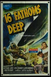 m050 16 FATHOMS DEEP one-sheet movie poster '48 Lon Chaney Jr. vs shark!