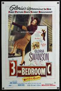 m054 3 FOR BEDROOM C one-sheet movie poster '52 sexy Gloria Swanson!