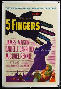 s021 5 FINGERS linen one-sheet movie poster '52 James Mason, Darrieux