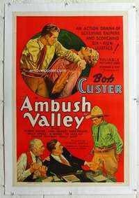 s028 AMBUSH VALLEY linen one-sheet movie poster '36 Bob Custer, stone litho!