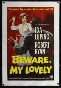 s054 BEWARE MY LOVELY linen one-sheet movie poster '52 Ida Lupino, flm noir!