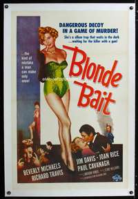s060 BLONDE BAIT linen one-sheet movie poster R50s bad girl Beverly Michaels!