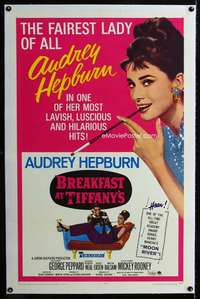 s002 BREAKFAST AT TIFFANY'S linen one-sheet movie poster R65 Audrey Hepburn