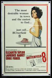 s075 BUTTERFIELD 8 linen one-sheet movie poster '60 callgirl Liz Taylor!