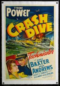 s097 CRASH DIVE linen one-sheet movie poster '43 Tyrone Power, stone litho!