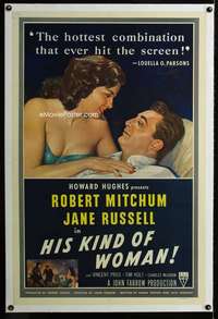 s178 HIS KIND OF WOMAN linen one-sheet movie poster '51 Mitchum,Jane Russell