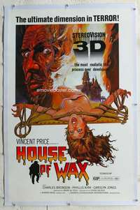 s185 HOUSE OF WAX linen one-sheet movie poster R60s great horror art image!