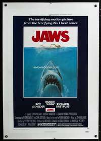 s195 JAWS linen one-sheet movie poster '75 Steven Spielberg classic shark!