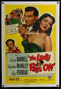 s213 LADY PAYS OFF linen one-sheet movie poster '51 gambling Linda Darnell!