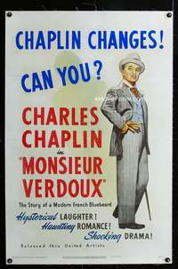 s247 MONSIEUR VERDOUX linen one-sheet movie poster '47 Charlie Chaplin