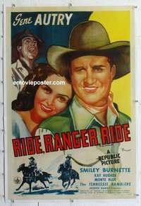 s289 RIDE RANGER RIDE linen one-sheet movie poster R44 Gene Autry, Smiley