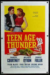 s329 TEEN AGE THUNDER linen one-sheet movie poster '57 hot rods & tempers!