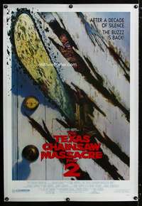 s333 TEXAS CHAINSAW MASSACRE PART 2 door style linen 1sh '86 Tobe Hooper horror sequel, Huston art!