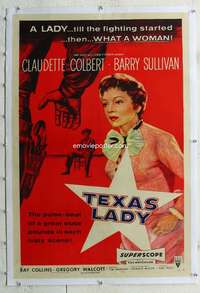 s334 TEXAS LADY linen one-sheet movie poster '55 Claudette Colbert, Sullivan