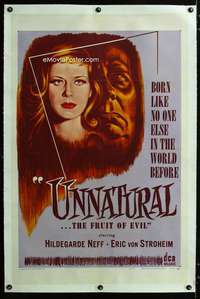 s352 UNNATURAL linen one-sheet movie poster '56 Erich von Stroheim, Knef