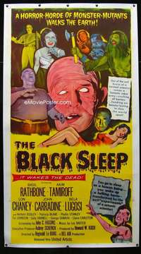 w013 BLACK SLEEP linen three-sheet movie poster '56 Lon Chaney Jr, Bela Lugosi