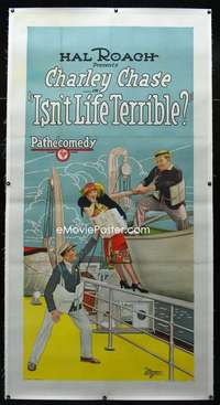 w022 ISN'T LIFE TERRIBLE linen three-sheet movie poster '25 Oliver Hardy