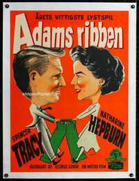 w311 ADAM'S RIB linen Danish movie poster '49 great Gaston artwork!