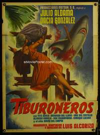 a381 TIBURONEROS Mexican movie poster '63 Mendoza shark art!