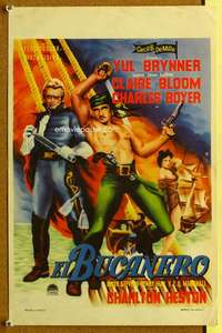p099 BUCCANEER Mexican window card movie poster '58 Brynner, Heston, Bloom