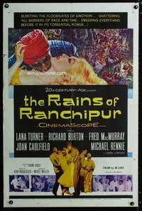 c347 RAINS OF RANCHIPUR one-sheet movie poster '55 Lana Turner, Burton