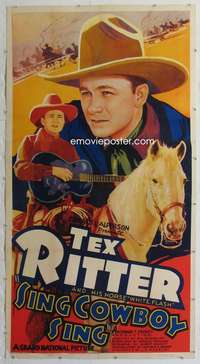 d028 SING COWBOY SING linen three-sheet movie poster '37 Tex Ritter w/guitar!