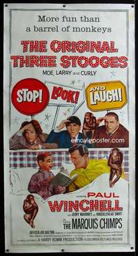 d030 STOP LOOK & LAUGH linen three-sheet movie poster '60 Three Stooges, Curly!