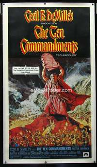 d032 TEN COMMANDMENTS linen three-sheet movie poster '56 Heston, DeMille