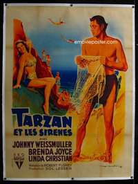 d067 TARZAN & THE MERMAIDS linen French one-panel movie poster '48 Soubie art!