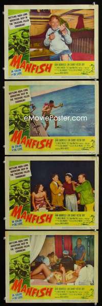 f110 MANFISH 4 movie lobby cards '56 Lon Chaney Jr against beast!