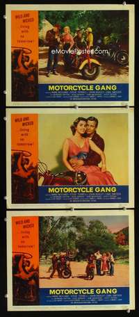 f389 MOTORCYCLE GANG 3 movie lobby cards '57 AIP biker classic!