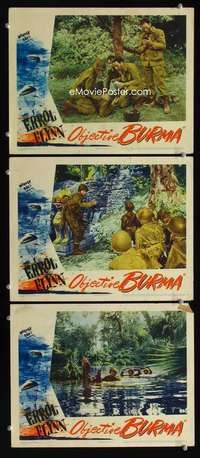 f400 OBJECTIVE BURMA 3 movie lobby cards '45 Errol Flynn, World War II
