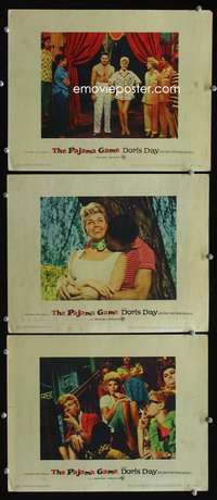 f407 PAJAMA GAME 3 movie lobby cards '57 sexy Doris Day chases boys!