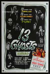 k052 13 GHOSTS black style 1sh '60 William Castle, great art of all the spooks, ILLUSION-O!