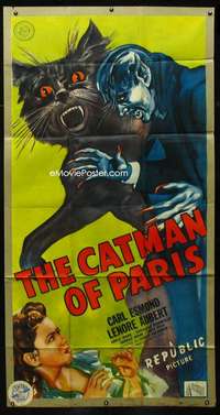 h235 CATMAN OF PARIS three-sheet movie poster '46 really cool horror image!