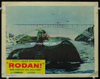 h442 RODAN movie lobby card #2 '56 he's in the water by giant bridge!