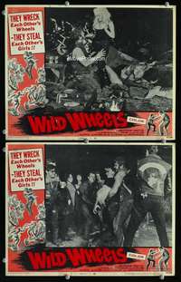 h671 WILD WHEELS 2 movie lobby cards '69 rebel bikers vs surfers!