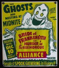 m023 BRIDE OF FRANKENSTEIN/MURDER IN THE RUE MORGUE Spook Show window card movie poster '40s