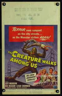 m034 CREATURE WALKS AMONG US window card movie poster '56 he strikes again!